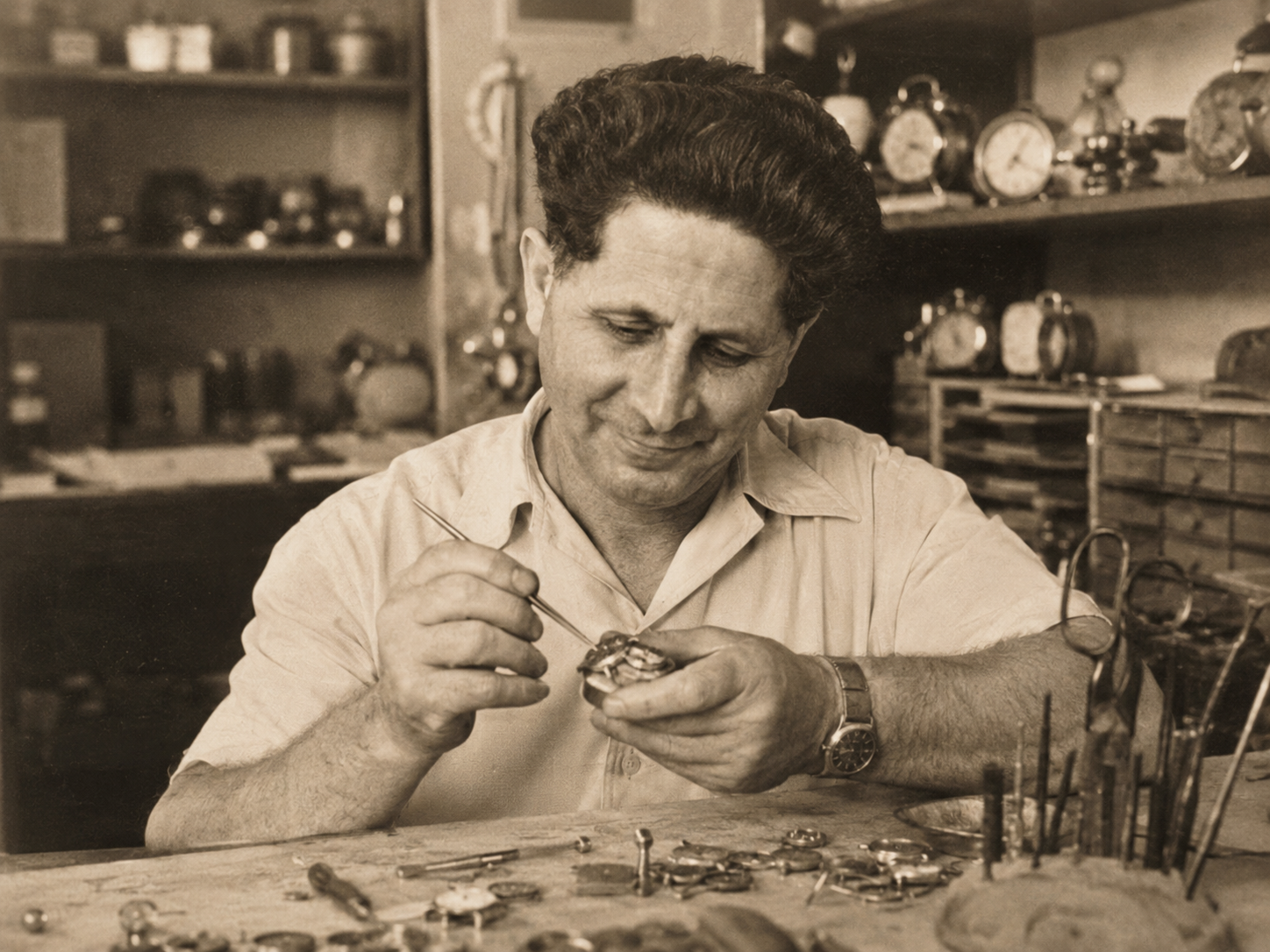 ישראל, סבו של יניב רונן, עובד כשען ליד שולחן עבודה